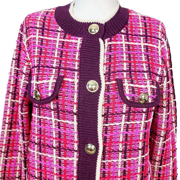 Ann Taylor Tweed Sweater Jacket LP Pink Red Woven Knit Button-Front‎ Tunic - Picture 3 of 13